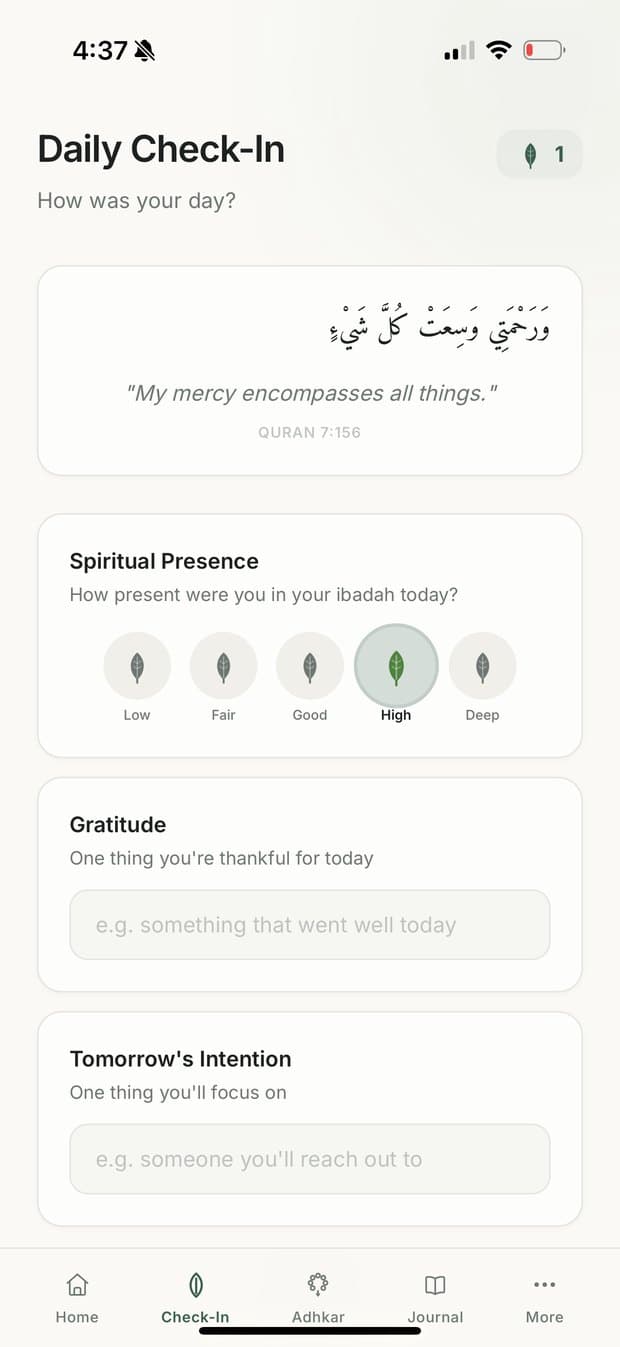 Begin with intention, app screen