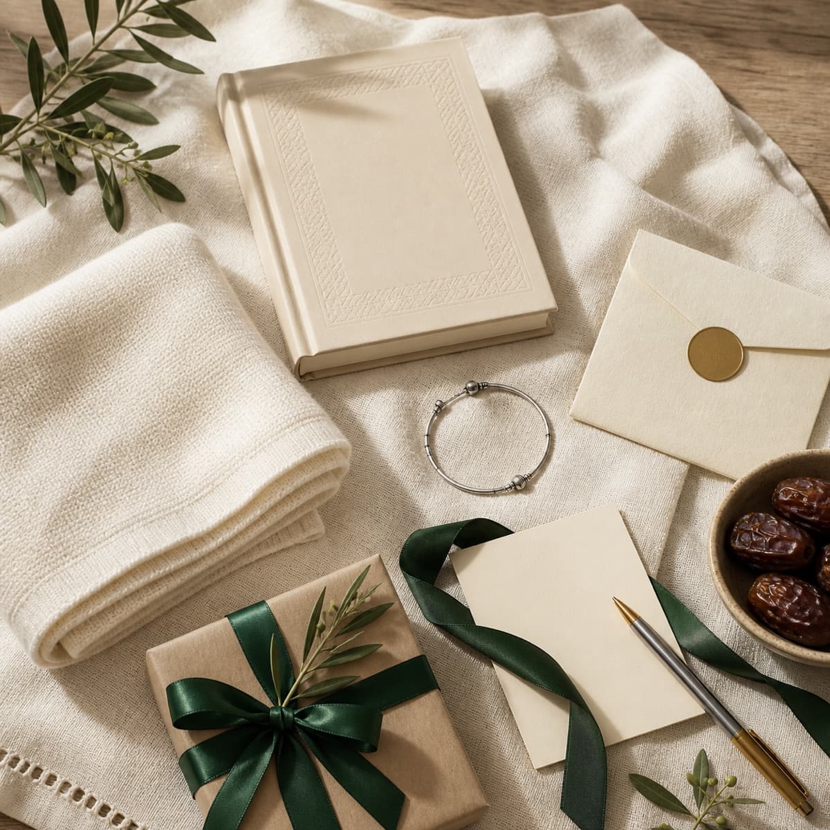Thoughtful aqiqah gifts including a baby keepsake, blanket, envelope, and dua card