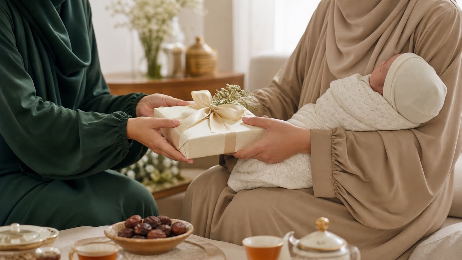 A Muslim guest giving an aqiqah gift to a mother holding her swaddled newborn