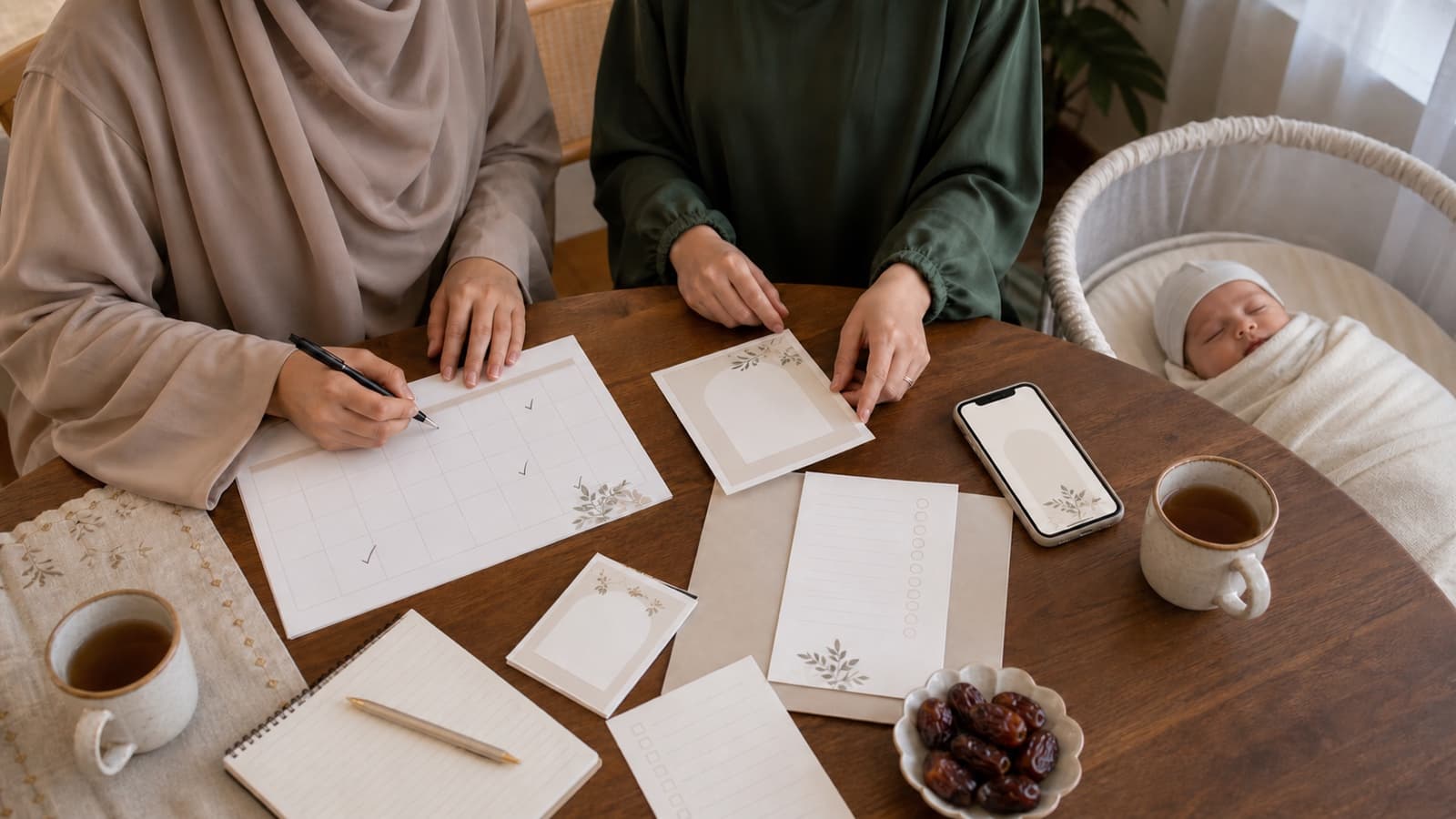 Two Muslim women calmly planning an aqiqah while a newborn sleeps nearby